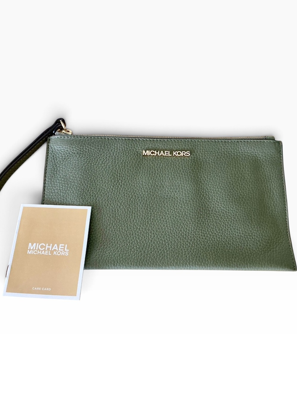 Michael Kors Olive Green Pebbled Leather Large Wristlet Clutch